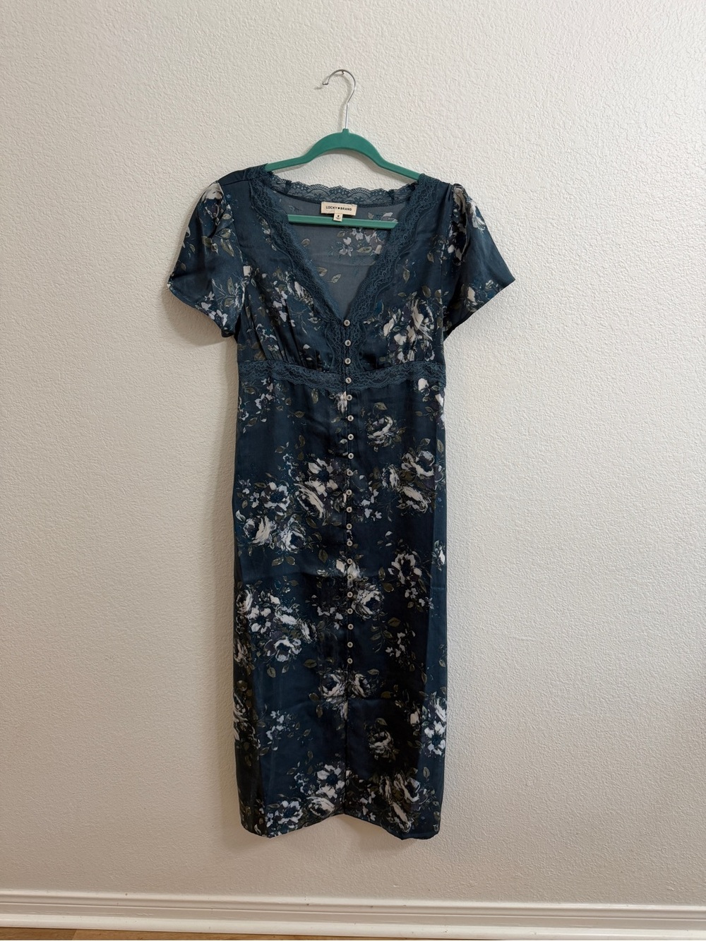 Lucky Brand Teal Floral Lace-Trim Midi Dress
